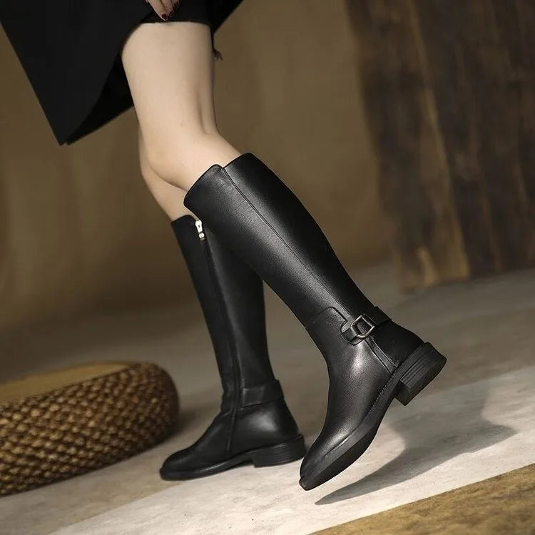 PU Leather Knee Boots Buckle Metal Decoration