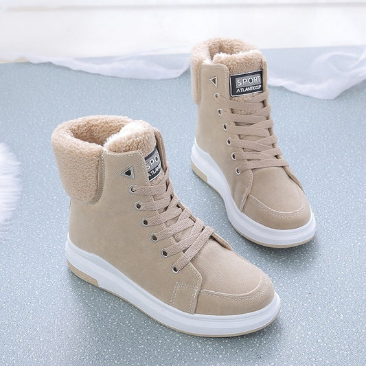 Women Ankle Boots Warm PU Plush Winter Flats Lace Up Short Snow Boots
